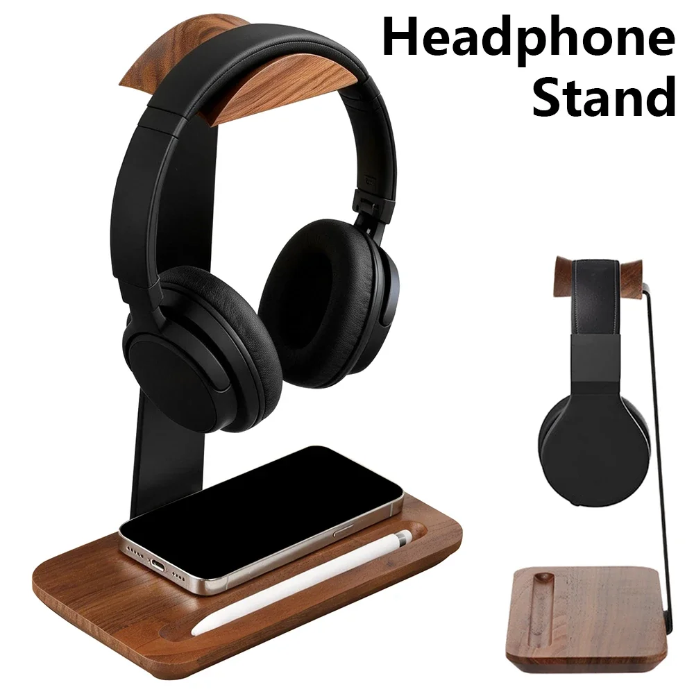 Headphone Stand Desk - Universele houten hoofdtelefoonstandaard met opbergbasis, antislip